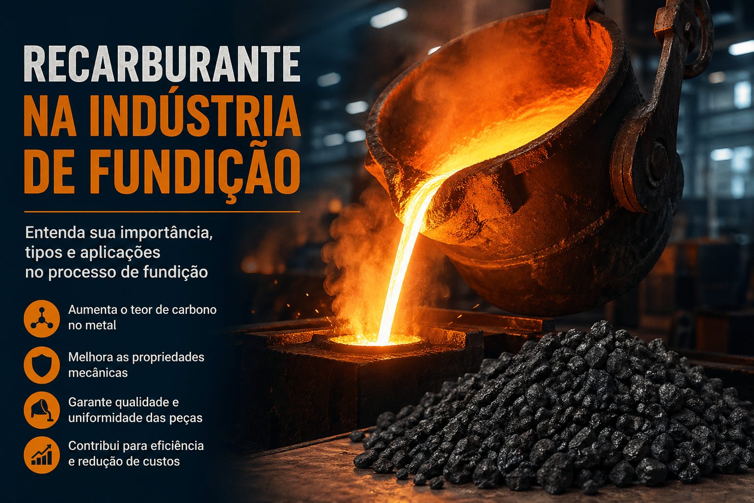 Detalhe de recarburante em pó utilizado na indústria de fundição para ajuste do teor de carbono em aço e ferro fundido no...