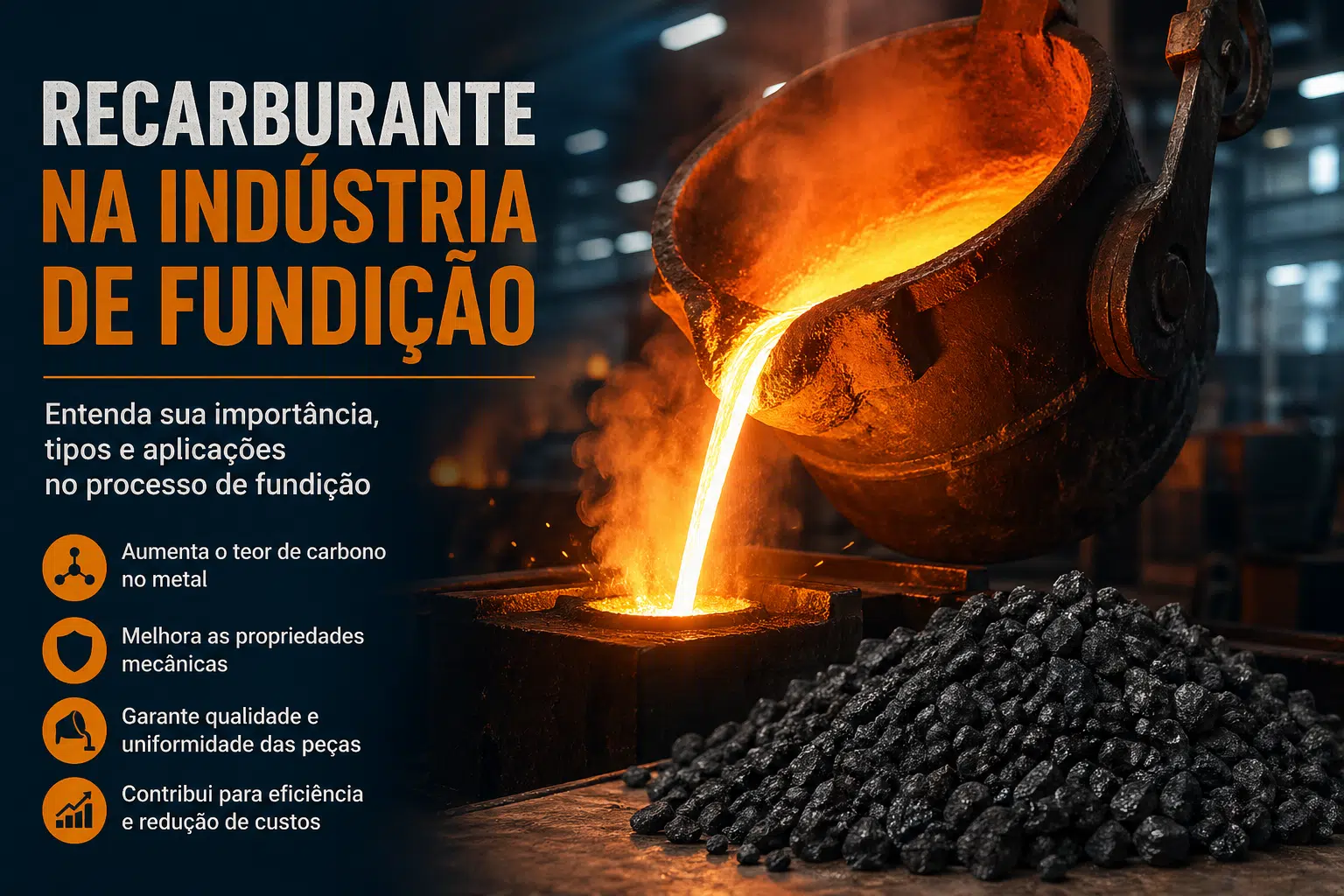 Detalhe de recarburante em pó utilizado na indústria de fundição para ajuste do teor de carbono em aço e ferro fundido no...
